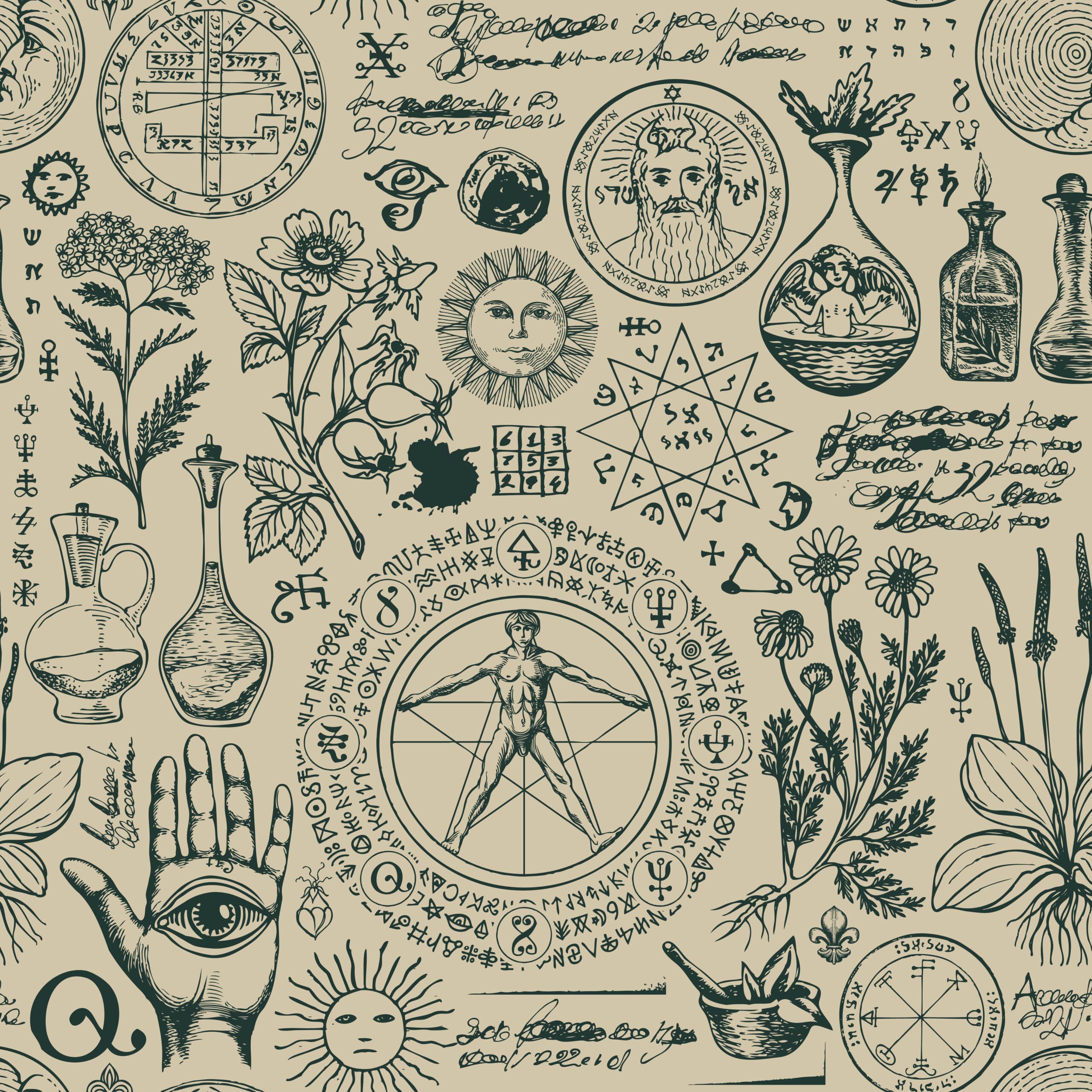abstract seamless pattern on the theme of alchemy Vector seamless pattern on the theme of alchemy and healing in retro style. A repeatable background with hand-drawn sketches, unreadable notes, various herbs and ancient alchemical symbols