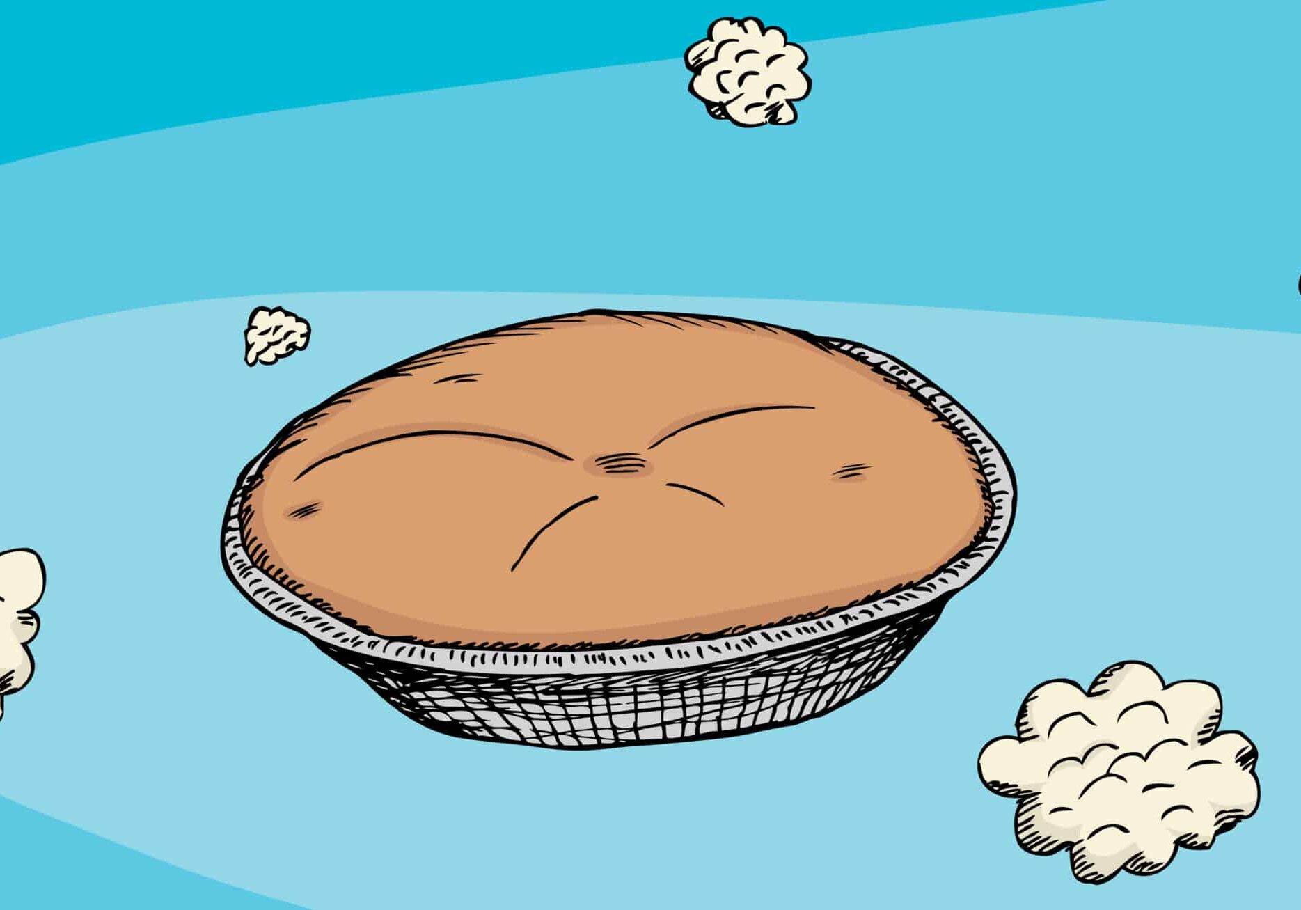 Cartoon of a baked pie in the sky with clouds